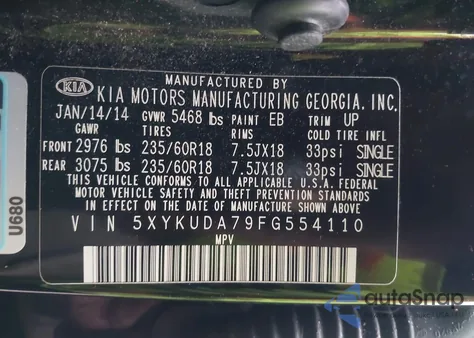 2015 Kia Sorento Ex V6 из США, поврежденный, VIN 5XYKUDA79FG554110